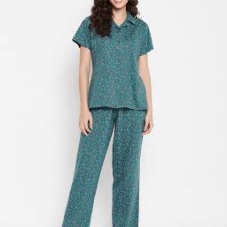 Clovia Blue Cotton Printed Shirt Pyjamas Set-image-55
