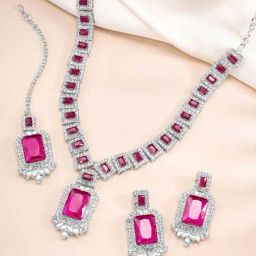 Peora Silver Plated Pink CZ & Synthetic Stone Studded Necklace Earrings & Maangtikka Set-image-8