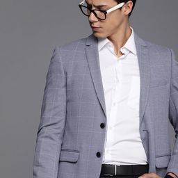 Peter England Elite Men Blue Slim Fit Checked Single-Breasted Formal Blazer-image-72