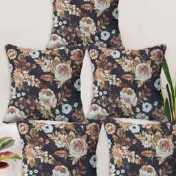 Blue Grass Coffee Brown & White 5 Pieces Floral Velvet Square Cushion Covers-image-34