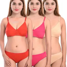 AROUSY Pink & Beige Cotton Bra Panty Set - Pack Of 3-image-91