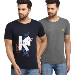Vimal Jonney Navy & Grey Regular Fit Printed T-Shirt - Pack of 2-image-98