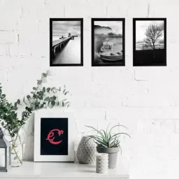 eCraftIndia Set Of 3 Black and White River Shore Satin Matt Texture UV Art Painting-20