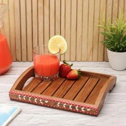 VarEesha Snow Leaf Brown Sheesham Wood Serving Tray With Curved Handle-3