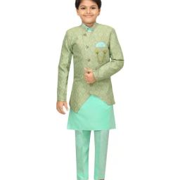 Ahhaaaa Kids Aqua Green Cotton Printed Full Sleeves Kurta Set-image-42