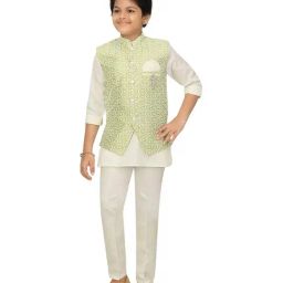 Ahhaaaa Kids Green & White Cotton Embroidered Full Sleeves Kurta Set-image-36