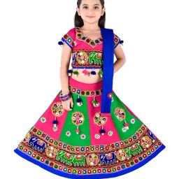 Ahhaaaa Kids Green & Pink Cotton Pink & Green Lehenga Cholis-image-8