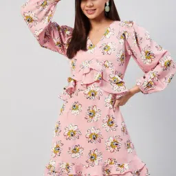 Rare Peach Floral Print A Line Dress-image-95