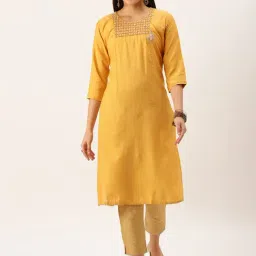 SHOWOFF Mustard Cotton Embellished Calf Length Straight Kurta-18