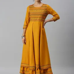 SHOWOFF Yellow Cotton Embroidered Ankle Length Anarkali Kurta-image-67