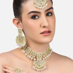 Zaveri Pearls Gold Tone Kundan Traditional Necklace Earring Maangtikka & Ring Set-ZPFK10487-8