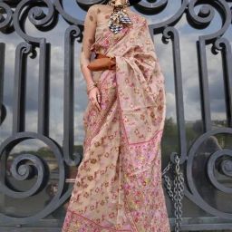Odette Beige Organza Woven Saree With Unstitched Blouse-image-27