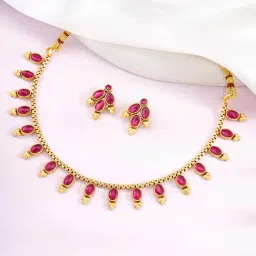 Peora Gold Plated Pink Synthetic Stone Studded Necklace & Earrings Set-picture-5