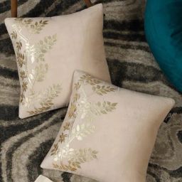 Hosta Homes Cream Velvet Self Design Cushion Covers-37