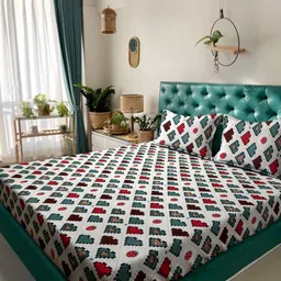 Aura Off White & Red Geometric 300 TC Cotton King Bedsheet Set 2.50 m x 2.15 m-image-79
