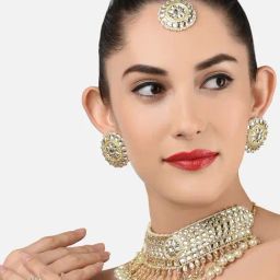 Zaveri Pearls Gold Tone Traditional Kundan Necklace, Earring, Maangtikka & Ring Set-ZPFK11656-image-40