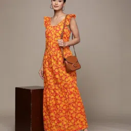 Label Ritu Kumar Coral Cotton Blend Floral Fit & Flare Long Dress-picture-49