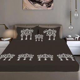 Bodycomfy Grey & White Printed King Fitted Cotton 400 TC King Bedsheet Set 1.98 m x 1.82 m-image-30