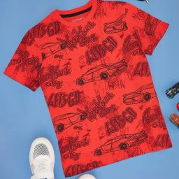 Pantaloons Junior Boys Red Cotton Print T-Shirt-34