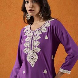 Indo Era Purple Regular Fit Embroidered Kurta-image-3