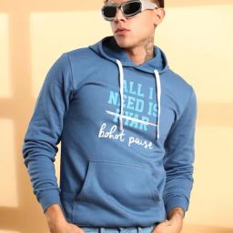 Campus Sutra Blue Cotton Regular Fit Printed Hooded Sweatshirt-image-18
