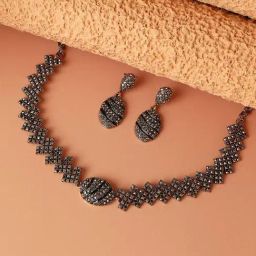 Sohi Women's Oval Crystal Jewellery Set - Dark Silver-87