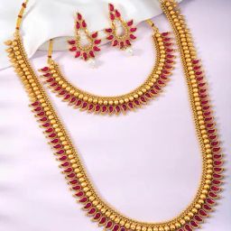 Peora Gold Plated Pink Synthetic Stone Studded Short & Long Necklace with Earrings Set-image-67