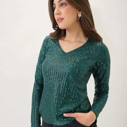 Globus Women Green V-Neck Long Sleeves Embellished Party Top-picture-14