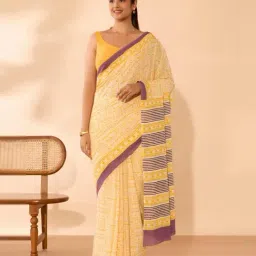 Taneira Light Yellow Cotton Printed Saree With Unstitched Blouse-picture-36