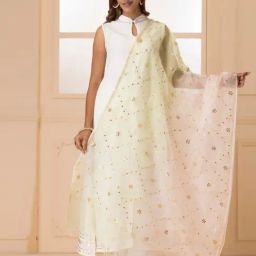 Geroo Jaipur White and Lime Green Handcrafted Gota Patti Pure Kota Silk Dupatta-picture-16