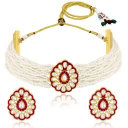 Peora White & Pink Kundan Beads Studded Choker Necklace & Earrings Set-10