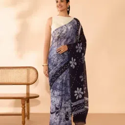 Taneira Dark Blue Cotton Printed Saree With Unstitched Blouse-picture-43