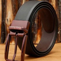 Louis Stitch Black Textured Leather Reversible Belt for Men-image-83