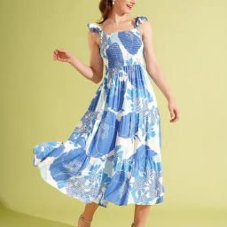 Globus White & Blue Floral Print Midi Dress-image-58
