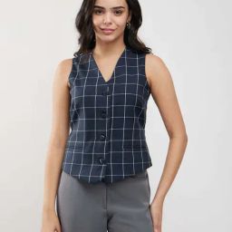 Fablestreet Navy Blue Cotton Checks Waist Coat-image-25