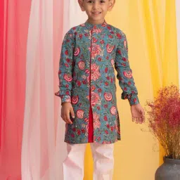 VASTRAMAY Boys Blue & White Cotton Floral Full Sleeves Kurta Sets-image-66