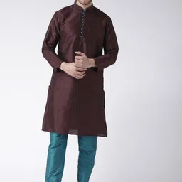 Hangup Men Brown & Teal Blue Solid Kurta with Churidar-image-48