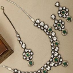 Priyaasi Black Colored Emerald Studded Jewellery Set-image-22