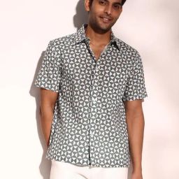 Fabindia Teal Cotton Straight Fit Printed Shirt-image-82