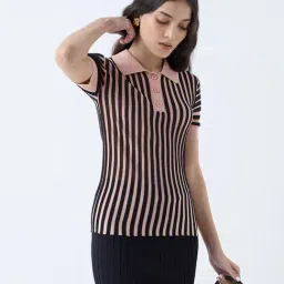 Wardrobe by Westside Dusty Pink Striped Polo T-Shirt-picture-43