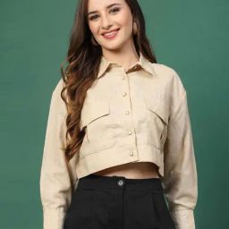 Melon By plusS Brown Cotton Plain Crop Shirt-image-93