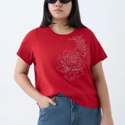 Gia by Westside Red Floral Embroidered Cotton T-Shirt-picture-28