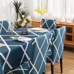 FAVRIA 5-Pcs Blue & White Printed 4 Seater Table Cover With Chair Covers-40