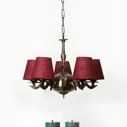 Devansh Maroon Jute conical  shade with Antique Golden Chandelier Metal Ceiling Lamp-18