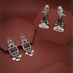 Sangria Women Set of 2 Silver-Plated Brass Artificial Beads Feather Shaped Jhumkas-picture-27