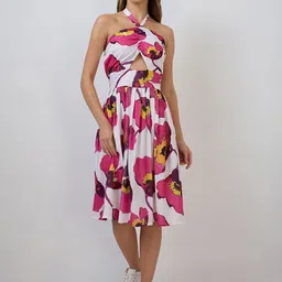 Amarasha Floral Printed Halter Neck Crepe Fit & Flare Dress-picture-12