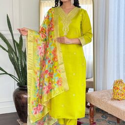 Moda Rapido Women Floral Embroidered Regular Straight Chanderi Silk Kurta Sets-35
