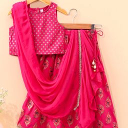 Babyhug Sleeveless Choli Lehenga And Dupatta Floral Print - Fuschia-image-1