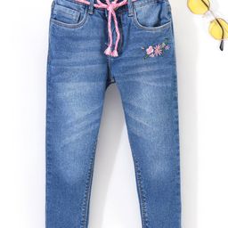 Babyhug Cotton Full Length Stretchable Jeans Floral Print - Blue-image-62
