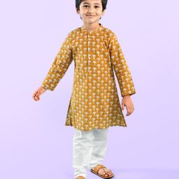 Babyhug 100% Cotton Woven Full Sleeves Kurta with Pyjama Set Floral Print - Mustard-image-74